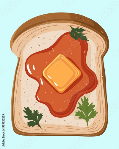 Bread slice with red spread and butter garnish for simple savory breakfast and healthy snack option for any meal - Vector Illustration