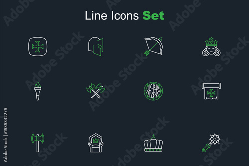 Set line Mace with spikes, King crown, Medieval throne, poleaxe, Crusade, Round wooden shield, Crossed medieval axes and Torch flame icon. Vector