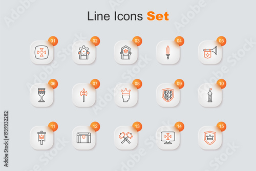 Set line Shield with crown, Crusade, Crossed battle hammers, Antique treasure chest, Medieval flag, Castle tower, and King icon. Vector