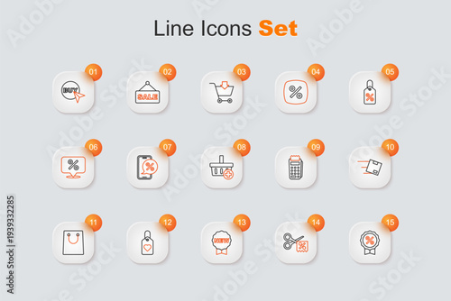 Set line Discount percent tag, Scissors cuts discount coupon, Price with New, Heart, Paper shopping bag, Location cardboard box, POS terminal and Add to Shopping basket icon. Vector
