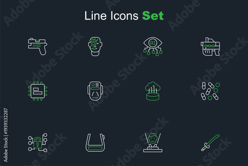 Set line Katana, Hologram, Smart glasses on spectacles, Cyber security, Medical pill biohacking, Network cloud connection, Artificial intelligence robot and Processor CPU icon. Vector