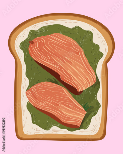 Bread slice with green spread and meat garnish for savory snack and traditional appetizer option for any catering event - Vector Illustration