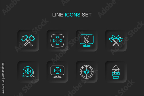 Set line Castle tower, Round shield, Crusade, Crossed medieval axes, Medieval helmet, and battle hammers icon. Vector