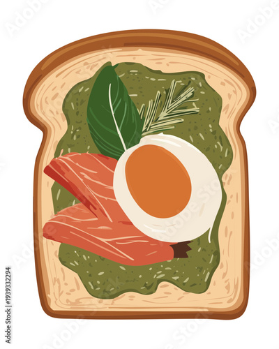 Bread slice with green spread and egg garnish for healthy savory breakfast and traditional snack option for any catering - Vector Illustration