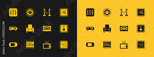 Set Plus 16 movie, Full HD 1080p, VHS video cassette tape, Retro tv, Cinema chair, Rope barrier, Sound mixer controller and Camera shutter icon. Vector