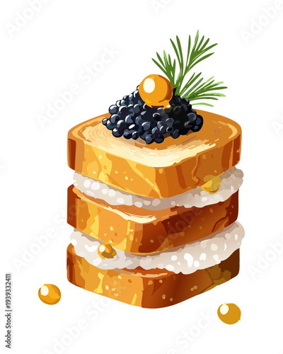 Layered square appetizer with dark caviar and cream for luxury seafood snack and high end catering food presentation ideas - Vector Illustration
