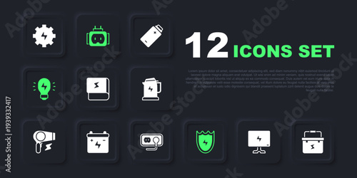 Set Smart Tv, Toolbox electrician, Book about electricity, Lightning and shield, Creative lamp light idea, Car battery, Tee plug and Electrical outlet icon. Vector