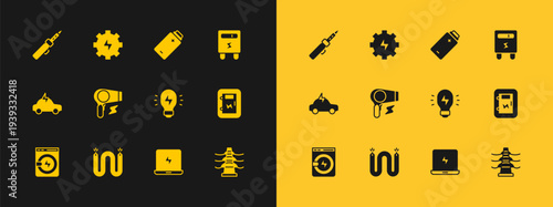 Set Electric meter, cable, Creative lamp light idea, Laptop, Hair dryer, Battery charge, Soldering iron and Gear and lightning icon. Vector