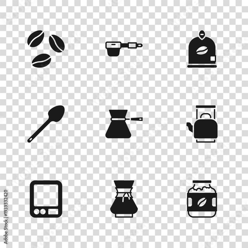 Set Pour over coffee maker, Kettle with handle, Coffee jar bottle, turk, Bag beans, filter holder and Teaspoon icon. Vector