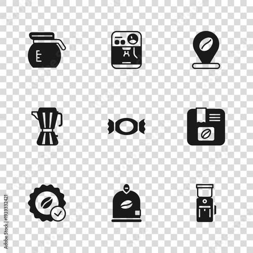 Set Bag of coffee beans, Electric grinder, Candy, Location with, Coffee pot, machine and maker moca icon. Vector