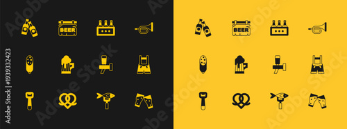 Set Trumpet, Pretzel, Beer tap, Dried fish, Wooden beer mug, Pack of bottles, and Street signboard with icon. Vector