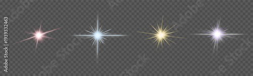 Sparkling stars with bright, shining rays isolated on a transparent background. Vector illustration of a star, bright light and flash.