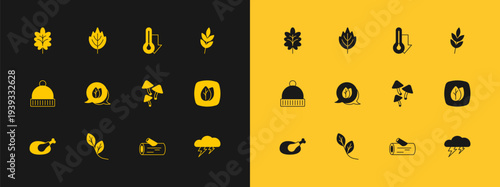 Set Leaf, Mushroom, Wooden log, Thermometer, and icon. Vector