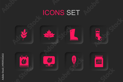 Set Location with leaf, Canadian maple, Leaf, Socks, Jam jar, Waterproof rubber boot and Calendar autumn leaves icon. Vector