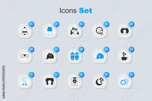 Set Moon and stars, Sleepy, Table lamp, Earplugs ear, Alarm clock, Chamomile tea, Ringing bell and Slippers icon. Vector