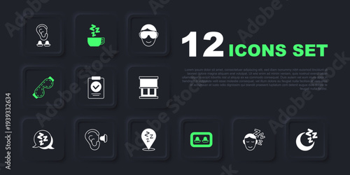 Set Dreams, Moon and stars, Medical prescription, Earplugs with storage box, Eye sleep mask, ear, Chamomile tea and Sleepy icon. Vector