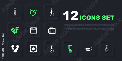 Set Trumpet, Violin, Guitar amplifier, African djembe drum, Maracas, Stereo speaker, Drum with sticks and icon. Vector