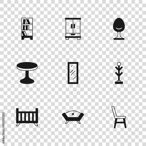 Set Sofa, Coat stand, Chair, Big full length mirror, Armchair, Library bookshelf, Wardrobe and Round table icon. Vector