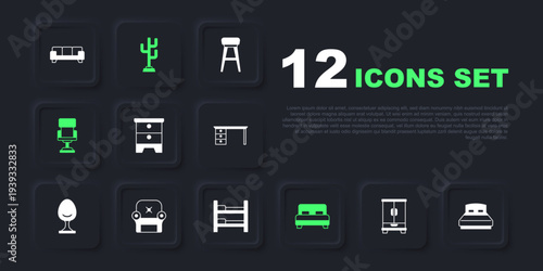 Set Wardrobe, Big bed, Furniture nightstand, Office chair, Armchair, Coat and Bunk icon. Vector