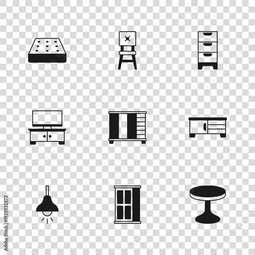 Set Wardrobe, TV table stand, Round, Chest of drawers, Mattress, Chair and icon. Vector