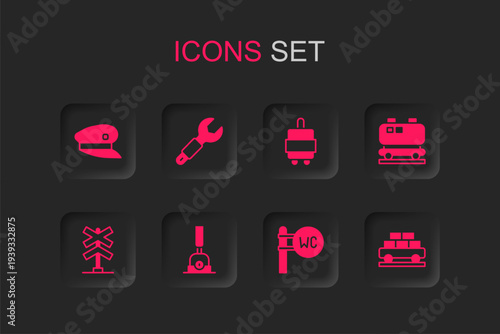 Set Arrow for switching the railway, Wrench spanner, Train driver hat, Toilet, Oil cistern, Cargo train wagon, Suitcase and Railroad crossing icon. Vector