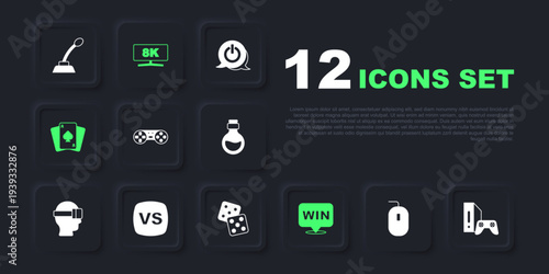 Set Computer mouse, Game console with joystick, controller or, Medal, Playing cards, VS Versus battle, monitor and dice icon. Vector
