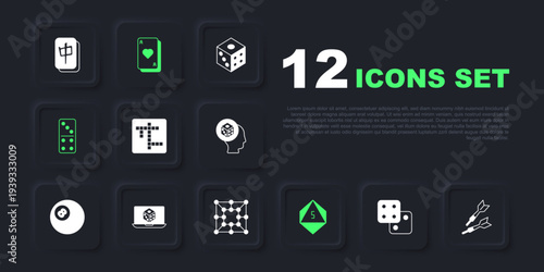 Set Game dice, Dart arrow, Crossword, Domino, Playing cards and Board game icon. Vector