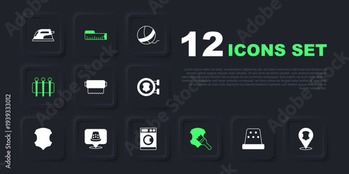 Set Thimble for sewing, Leather, Textile fabric roll, Needle, Tape measure and Washer icon. Vector