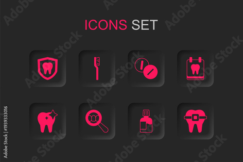 Set Dental search, Toothbrush, protection, Mouthwash, Calendar with tooth, Teeth braces, Toothache painkiller tablet and whitening icon. Vector