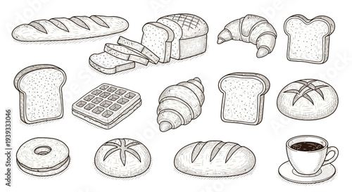 Bread and Bakery Line Icons Set – Bakery Food Outline Vector Collection