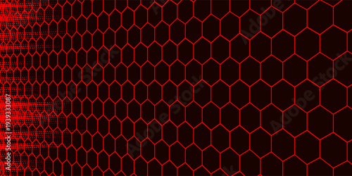 Hexagon game background with glowing red honeycomb grid on black surface. eps 10 illustration