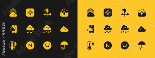 Set Sunset, Compass north, Cloud with snow, Hail cloud, Rooster weather vane, Rainbow and Snowflake icon. Vector
