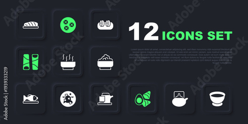 Set Traditional tea ceremony, Soy sauce in bowl, Ramen soup, Chicken egg with vegerables, Guotie, Kung Pao chicken, Wonton and icon. Vector