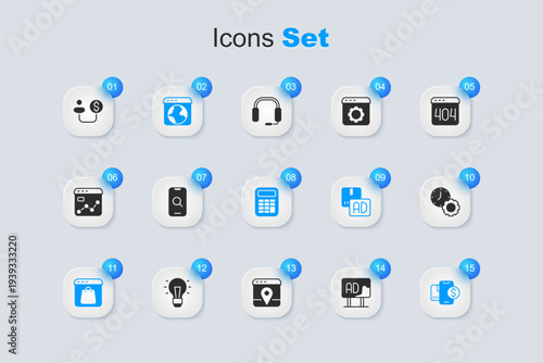 Set Advertising, Magnifying glass and mobile, Worldwide, Online shopping on screen, Mobile with dollar, Time management, Human money and Calculator icon. Vector