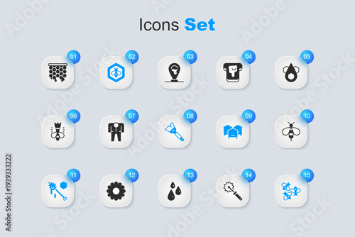 Set Cutter roll for honey, Beekeeper costume, and honeycomb, Honey dipper stick, Bees, Honeycomb and Beekeeping brush icon. Vector