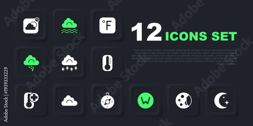 Set Moon phases, and stars, Cloud with snow, Compass north, lightning, Fog cloud and icon. Vector