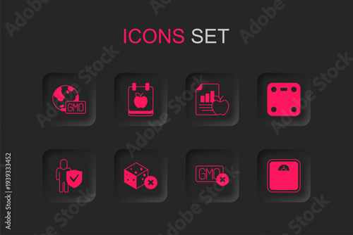 Set No sugar free, Diet plan, GMO, Bathroom scales, and Healthy lifestyle icon. Vector