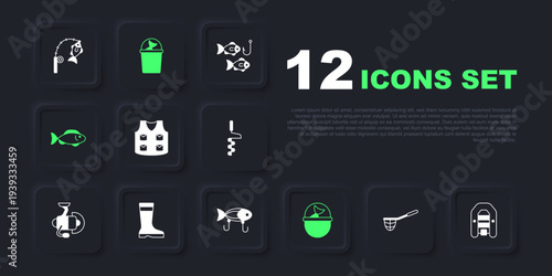 Set Fishing net, Inflatable boat with motor, jacket, bucket fish, boots, and lure icon. Vector