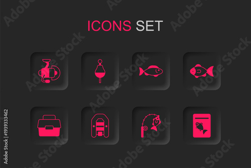 Set Inflatable boat with motor, Fishing float, Spinning reel for fishing, rod and, Served on plate, and Case box icon. Vector