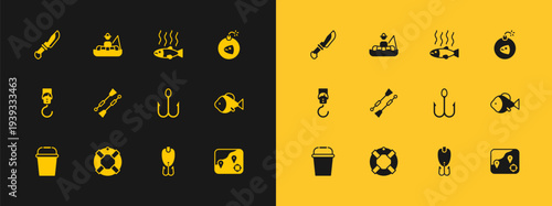 Set Bomb, Lifebuoy, Fishing hook, lure, Oars or paddles boat, Dead fish, Knife and Fisherman icon. Vector