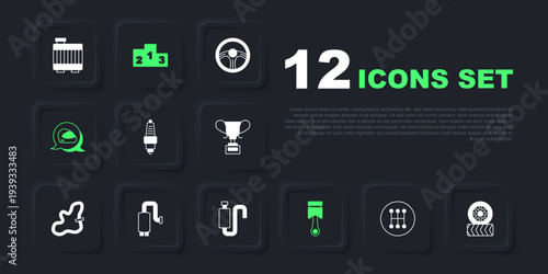 Set Gear shifter, Car tire wheel, spark plug, Engine piston, Racing helmet, muffler, Award over sports winner podium and icon. Vector