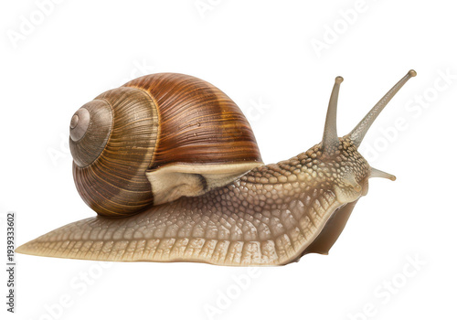 A close-up view of a snail with a brown shell and slimy foot isolated on transparent background