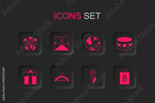 Set Hanger wardrobe, Envelope with 8 March, Flower tulip, Gift box and heart, Greeting card, International Women Day and icon. Vector