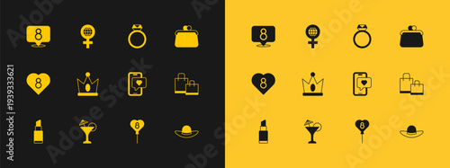 Set Handbag, Martini glass, Mobile with heart, Balloons 8 March, King crown, Diamond engagement ring, and International Women Day icon. Vector