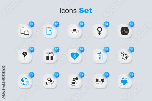 Set Gift bow, box and heart, Mobile with, International Women Day, Heart, Diamond, Paper shopping bag and 8 March icon. Vector