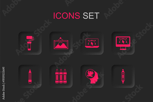 Set Wax crayons for drawing, Picture landscape, Paint roller brush, spray, Computer with design program, Marker pen, and Pencil eraser icon. Vector