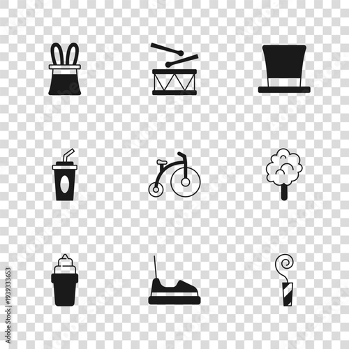 Set Bumper car, Cotton candy, Birthday party horn, Vintage bicycle, Cylinder hat, Magician rabbit ears, Drum with drum sticks and Paper glass water icon. Vector