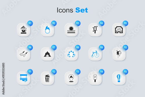Set Ice cream, Circus tent, fire hoop, Fast street food cart, Hot air balloon, Balloons with ribbon, Attraction carousel and Juggling icon. Vector