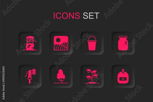 Set Fruit tree, Agriculture wheat field farm, Well, Sprout, Glass jar with screw-cap, Pack full of seeds, Bucket and Garden hose icon. Vector