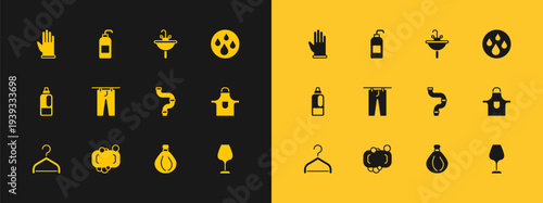 Set Water drop, Bar of soap, Industry metallic pipe, Garbage bag, Drying clothes, Washbasin, Rubber gloves and Antibacterial icon. Vector